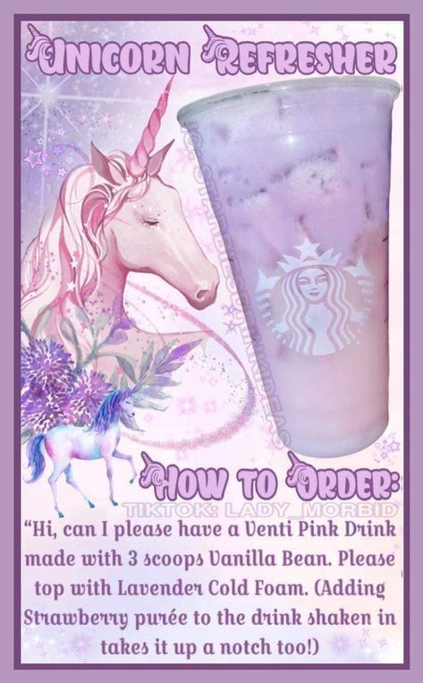 Rapunzel Starbucks Drink, Unicorn Starbucks Drink, Hello Kitty Starbucks Drink, Cool Starbucks Drinks, Starbucks Drinks For Kids, Preppy Drinks, Crazy Drinks, Starbucks Copycat Recipes Drinks, Refresher Starbucks