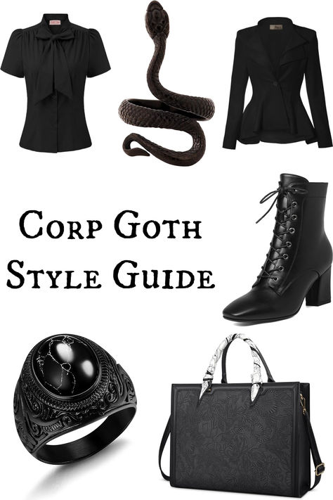 The grown up goth's answer to the corporate work force: corp goth. Elevate key office outfit components - think blazers, pencil skirts and trousers - by mixing in your spooky style. Soft Goth Work Outfits, Goth Style In Your 40s, Amazon Goth Clothes, Corporate Witch Outfit, Corporate Punk Outfits, Corp Goth Aesthetic, Gothic Work Outfit Corporate Goth, Corporate Goth Capsule Wardrobe, Corporate Goth Fashion