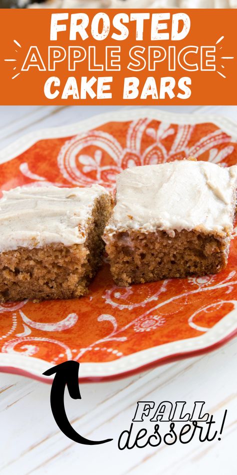 Frosted Apple Spice Fall Cake Bars. The perfect fall dessert. With cinnamon, brown sugar, nutmeg, applesauce, and a deliciously sweet white sugar frosting, these Frosted Apple Spice Cake Bars are sure to be gobbled up quickly! The Fall dessert that your family will be talking about for years to come. A new Fall tradition! Spice Cake Bars, Best Amish Recipes, Applesauce Spice Cake, Cake Bars Recipe, Apple Spice Cake, Fall Cake, Applesauce Cake, Sugar Frosting, Apple Spice