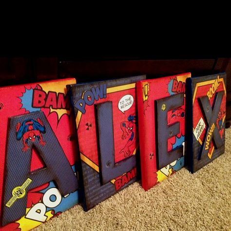 Spiderman Letters wall decor - by modgeandapodge on etsy- would look great in a superhero bedroom Kids Room Ideas For Boys, Superhero Diy, Room Ideas For Boys, Spiderman Room, Letters Wall Decor, Kids Room Ideas, Superhero Bedroom, Name Wall Decor, Superhero Room