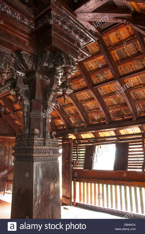 Download this stock image: Carving on wooden pillar of single Jackfruit wood, Padmanabhapuram Palace, kerala India - DB4NCA from Alamy's library of millions of high resolution stock photos, illustrations and vectors. Padmanabhapuram Palace, Kerala Architecture, Wooden Pillars, Kerala Mural Painting, Kerala India, Traditional Architecture, Mural Painting, Wood Work, Wedding Invite