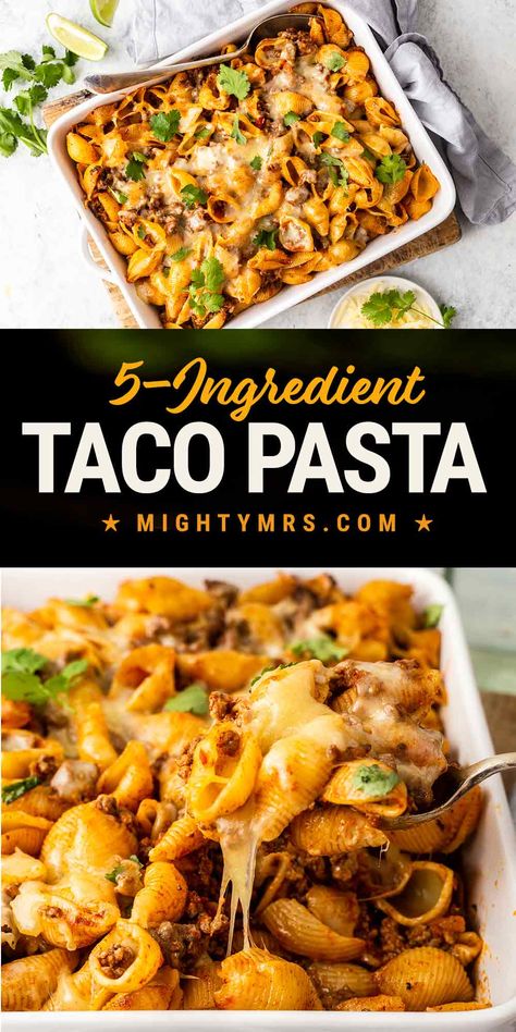 This 5-ingredient, cheesy taco pasta is one of those quick and easy dinner casserole recipes, perfect for busy weeknights. This pasta bake is made with ground beef, cheese, taco seasoning and salsa! Bake or make on the stovetop. Taco Pasta 5 Ingredients, Shell Taco Pasta, 5 Ingredient Or Less Pasta Recipes, 5 Ingredient Taco Pasta, Easy Oven Baked Dinner Recipes, Turkey Taco Pasta Bake, Pasta Casserole With Ground Beef, Baked Taco Pasta Casserole, Simple Taco Pasta