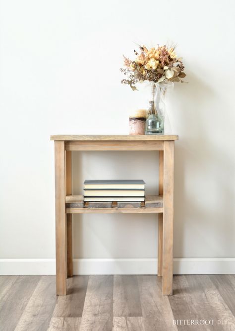 Weathered Rustic End Table with Weatherwash Stain | 2x4 Bedside Table Diy, Side Table Diy Living Room, Simple End Table, End Table Diy, Diy End Table, End Table Plans, Rustic End Table, Rustic End Tables, Diy Rustic Home