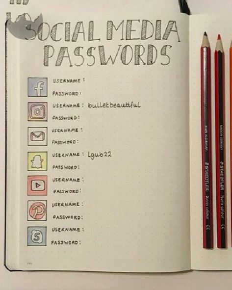 Password & I'd Empty Journal, Good Passwords, Password Tracker, Password Books, Bullet Journal Mood, Study Help, Bullet Journal Design Ideas, Diy Notebook, Bullet Journal Writing