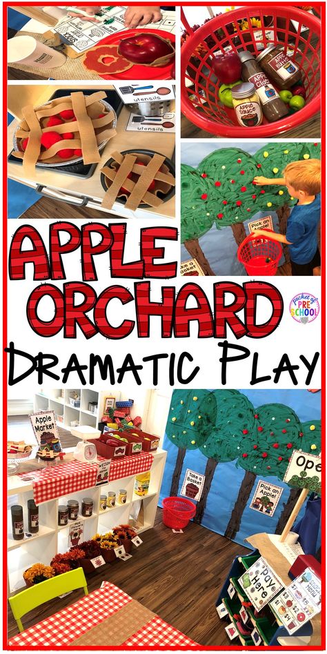 Apple Picking Gross Motor, Dramatic Play For Kindergarten Classroom, Apple Orchard Play Center, Pocket Of Preschool Fall, Apple Harvest Activities, Pocket Of Preschool Apples, Nature Dramatic Play Ideas, Pocket Of Preschool Dramatic Play, Apple Picking Pretend Play