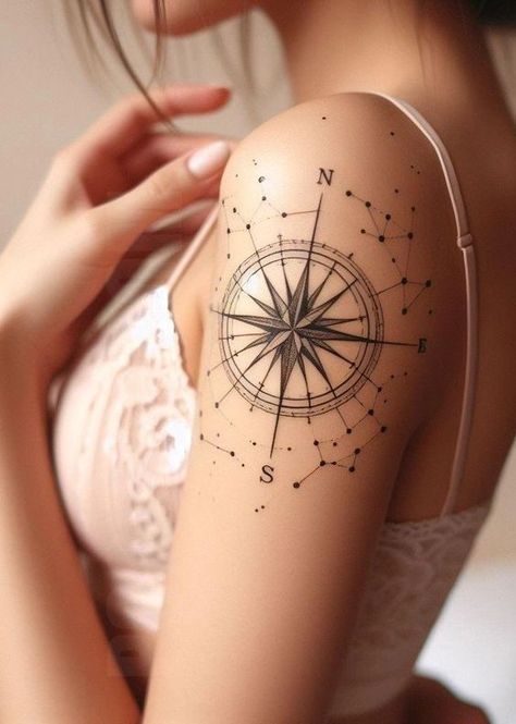 Compass Tattoo Feminine, Hand Tattoos Ideas, Feminine Compass Tattoo, North Star Tattoos, Coordinates Tattoo, Simple Arm Tattoos, Timeless Tattoo, Star Tattoo Designs, Owl Tattoo Design