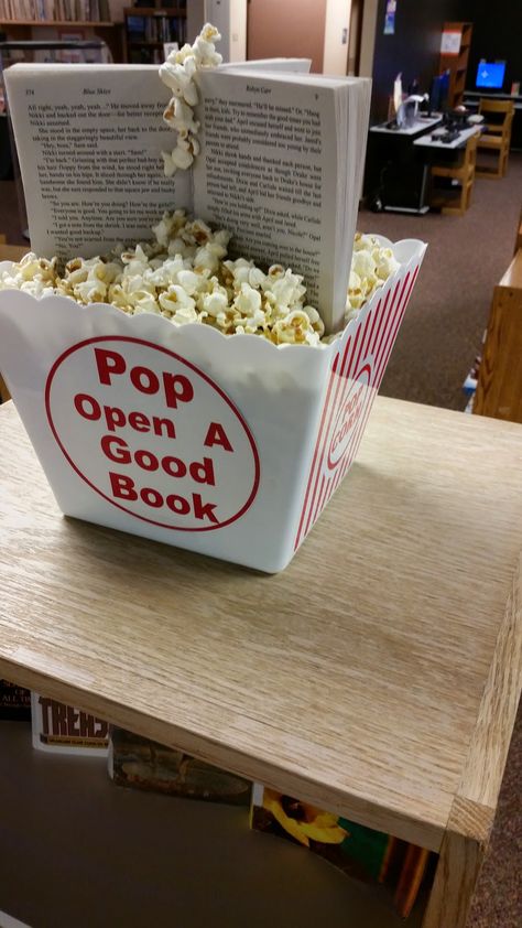 Book display idea. Pop open a good book. Pop Into A Good Book, Pop Open A Good Book, Movie Theme Book Fair, Book Fair Themes, Scholastic Book Fair Ideas, Scholastic Book Fair Fall 2022 Theme, Scholastic Book Fair Bulletin Board, Scholastic Book Fair Themes 2022, School Library Activities