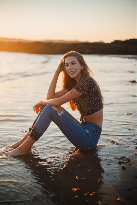 Photoshoot at golden hour. Senior sitting in the water at sunset Senior Pics In Water, Sunset Water Senior Pictures, Sunset Lake Senior Pictures, Senior Pictures Creek Water, Senior Pictures In Water Rivers, Senior Style, Beautiful Lady, Senior Photo, Sunset Photos