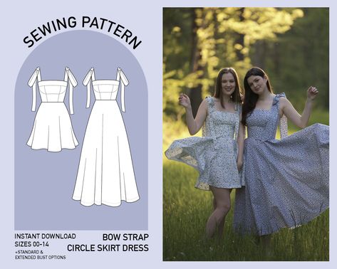 Bow Strap Circle Skirt Dress Sewing Pattern, PDF Instant digital download, sizes 00-14 Midi and Mini Options Standard and Extended Bust Options Includes Pockets! The perfect dress pattern for any occasion. Use a floral cotton print for a dainty summer dress, or use a satin or brocade to create a stunning formal dress.  This pattern would also make for a great wedding guest dress or bridesmaid dress! Designed with standard and extended bust options to fit a wider range of body types and different Sundress Pattern, Diy Sy, Circle Skirt Dress, Plus Size Sewing Patterns, Summer Dress Patterns, Sewing Projects Clothes, Couture Mode, Womens Sewing Patterns, Sewing Design