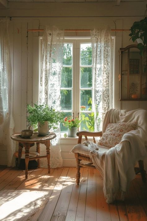 Natural Aesthetic Decor, Romantic Farmhouse Living Room, Romantic Vintage Living Room, Modern Cottagecore Living Room, Cozy Curtains Living Room, Cottage Living Room Aesthetic, Dacha Interior, Cottage Core Curtains, Curtains Cottagecore