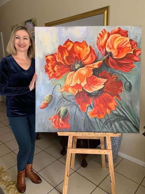 Large Flower Art, Large Canvas Oil Painting Ideas, Large Flower Paintings On Canvas, Wall Painting Decor Living Rooms, Large Flower Paintings, Flower Paintings On Canvas, Poppy Flower Painting, Poppies Painting, Flowers On Canvas