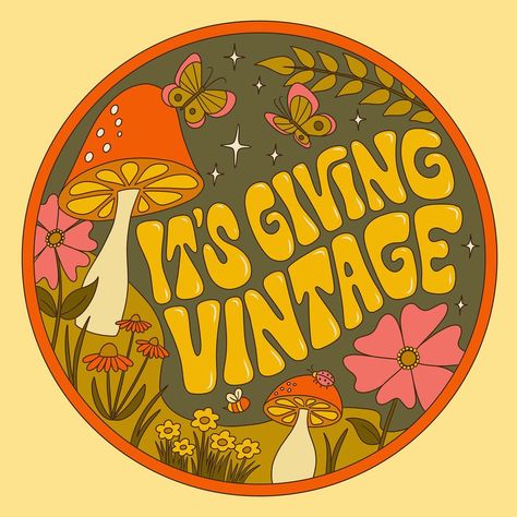 New logo for @itsgivingvintage 🍄🦋✨ I also created story wallpapers and highlight icons for a fully cohesive profile. Logo | branding | vintage | thrifting | illustration | mushrooms | groovy | 1970s | cottagecore | lettering Cottagecore Lettering, Cottagecore Logo Design, Retro Logo Ideas, Thrifting Illustration, Retro Sticker Design, Cottagecore Logo, Groovy Goodies, Groovy Icons, 1970s Cottagecore