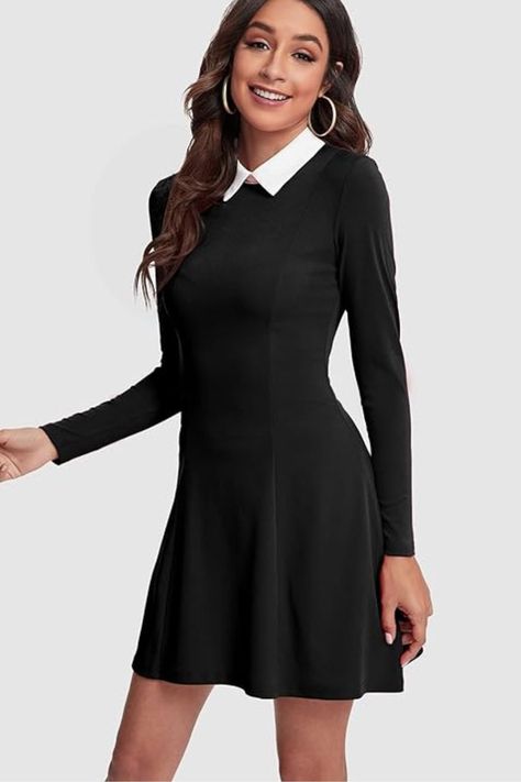 Zipper closure on back, Wednesday Addams Dress. #wednesday #addamsfamily #halloween #ad Wednesday Addams Dress, Addams Dress, Cottage Witch, Couple Halloween, Couple Halloween Costumes, Classic Dress, Pan Collar, Peter Pan Collar, Peter Pan