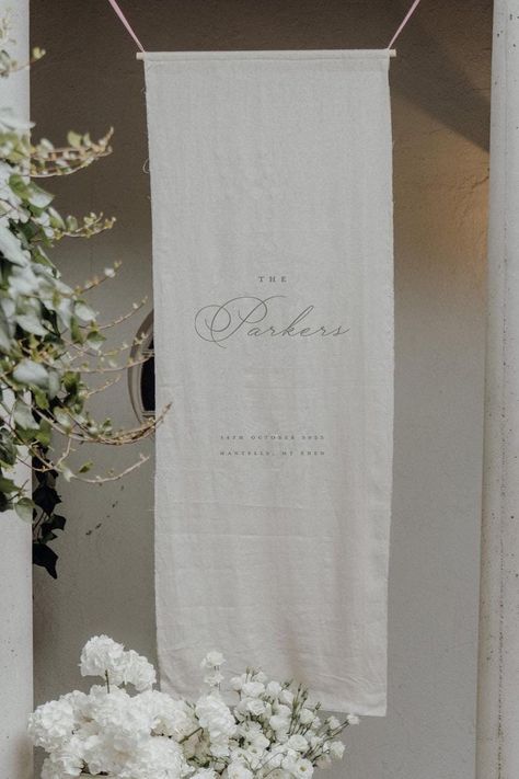 MILLICENT COLLECTION DESIGN -Choose from multiple banner sizes -228gsm Linen -Customise with family name, names, wedding date and location -All banners come with a sewn pole pocket across the top of the fabric, for you to display on a stand or insert a hanging rod -Almond linen with sage ink shown in lead image - on 60cm x 180cm size -Personalised by us, for you, with your choice of ink colours. A personalisation form will be sent to you post-purchase by a member of our team, within 1-2 working Fabric Wedding Sign, Wedding Archway, Linen Wedding, Wedding Banner, Banner Sizes, Fabric Banner, Wedding Welcome Sign, Wedding Linens, Collection Design