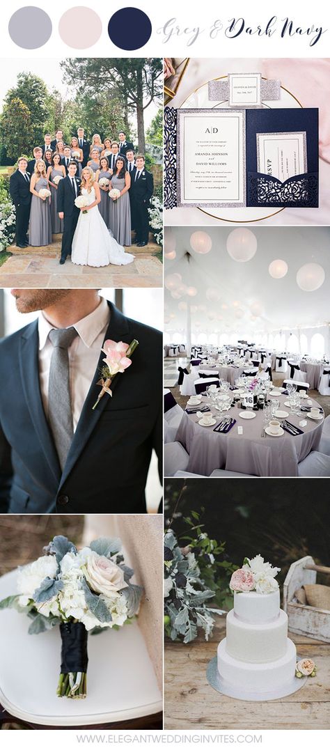 Elegant Dove Grey and Dark Navy Garden Wedding Color Inspiraiton Dove Gray Wedding Palette, Grey Weddings, Romantic Wedding Colors, Gray Wedding Colors, Navy Wedding Flowers, Wedding Themes Winter, Winter Wedding Colors, Gray Wedding, Grey Wedding