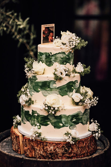 Three tier classic wedding cake with green and white icing decorated with white roses and white gypsophila | rustic wedding cake | wedding cake design | Carrie Lavers Photography Green White Wedding Cake, Polaroid Cake Topper, White Roses And Gypsophila, Polaroid Cake, Green Wedding Themes, Wedding Cake With Green, Green Wedding Theme Ideas, Green Brown Wedding, Wedding Cake Nature