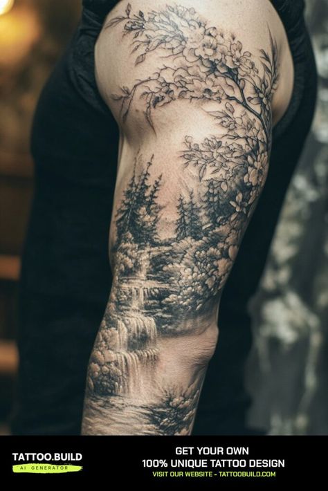 Half Sleeve Tattoos Men Inspiration Incredible Tattoo Design Ideas for Guys Split Sleeve Tattoo, Partial Sleeve Tattoo, Mountain Sleeve Tattoos For Guys, Detailed Tattoo For Men, Mens Arm Sleeve Tattoos Ideas Unique, Men Forearm Tattoos Sleeve, Nature Half Sleeve Tattoo, Sleeve Tattoos For Men, Half Sleeve Tattoos For Men Upper Arm