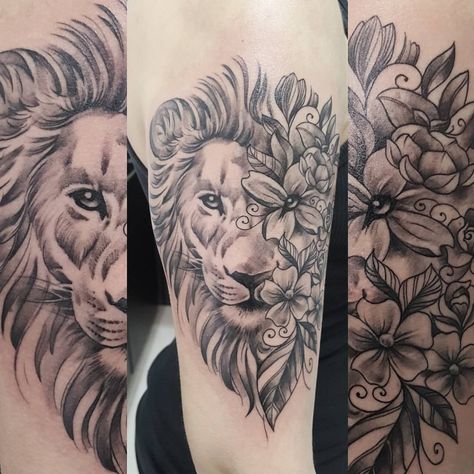 I like the idea of the flowers on half/part of the lion's face, but not the style of this tattoo. Wildflowers Tattoo, Vogel Tattoo, Tier Tattoo, Lioness Tattoo, Kunst Tattoos, Tattoo Magazine, Leo Tattoos, Tattoos For Women Half Sleeve, Flower Tattoo Sleeve