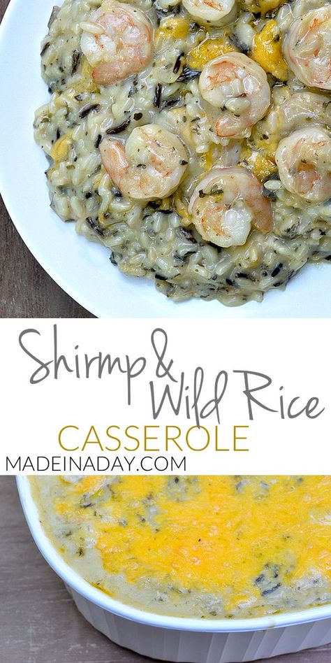 This Shrimp and Wild Rice Casserole makes for any easy #dinner that the whole family will love! Shrimp And Rice Casserole, Easy Weeknight Casseroles, Cheesy Shrimp, Comforting Casseroles, Seafood Casserole Recipes, Shrimp Casserole, Weeknight Casseroles, Wild Rice Recipes, Wild Rice Casserole