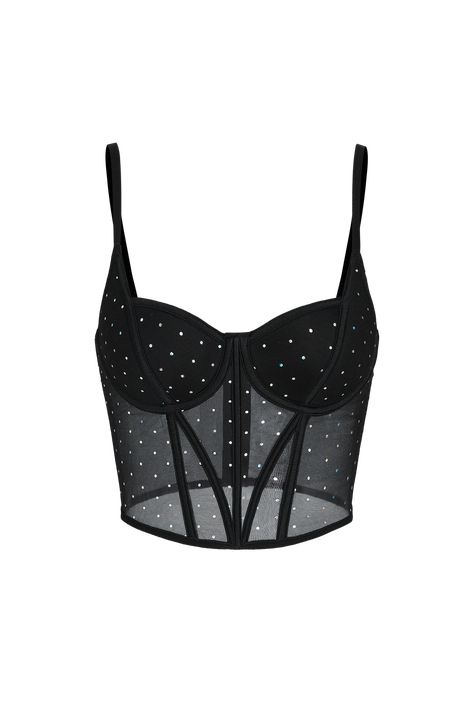 Shine like a star with our Rhinestone Mesh Bustier Lingerie Top! This glamorous piece combines sultry mesh with dazzling rhinestones, creating a dazzling spectacle that's sure to captivate. Whether you're looking to make a statement or add a touch of sparkle to a special occasion, this bustier lingerie top is your go-to choice for radiant confidence. Product code: CAA11B3J014AA Features:  Knit Sweetheart neckline Adjustable cami straps Mesh insert Lightly lined Rhinestones/Faux gems Binding  Lon Rhinestone Bustier Top, Rhinestone Bustier, Bustier Lingerie, Shine Like A Star, Lingerie Top, Swimwear Beach, Bustier Top, Beach Look, Beach Dresses