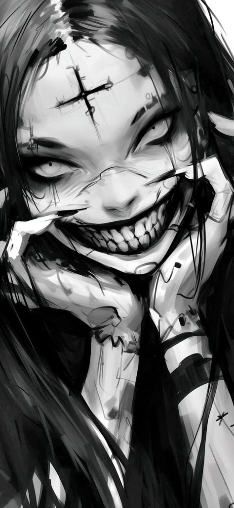 Dark Feminine Art Sketch, Halloween Monster Drawing, Creepy Girl Drawing, Creepy Wallpaper Dark Horror, Creepy Anime Pfp, Dark Horror Wallpaper, Creepy Smile Drawing, Demon Girl Drawing, Creepy Cute Wallpaper