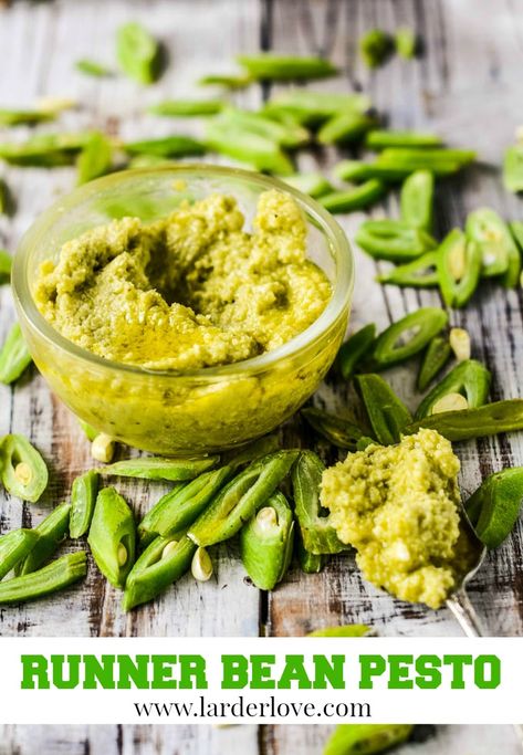 This super easy recipe for runner bean pesto is a great way of using your gorgeous garden produce #pesto #runner beans #larderlove Pesto Types, Runner Bean Recipes, Runner Beans Recipes, Allotment Recipes, Allotment Ideas, French Beans, Canning Ideas, Garden Fruit, Runner Beans