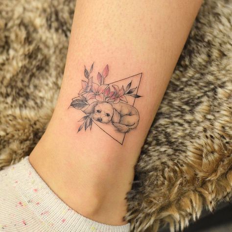 Flowers And Dog Tattoo, Dog And Flower Tattoo Minimalist, Dog Face Tattoo With Flowers, Tattoo Lower Back, Dog Portrait Tattoo With Flowers, Poodle Tattoo, Dog Portrait With Flowers Tattoo, Small Dog Tattoos, Dog Paw Tattoo