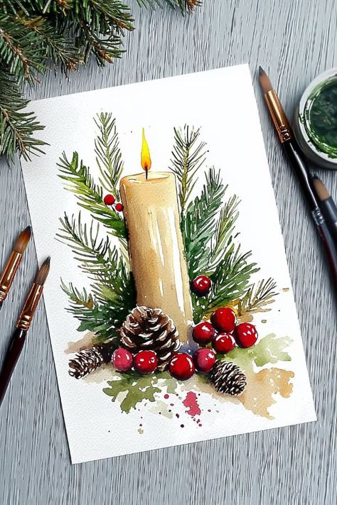 25 Watercolor Christmas Cards Ideas for DIY Holiday Inspiration Unique Christmas Drawings, Christmas Candle Watercolor, Greeting Card Christmas Design, Watercolor Christmas Cards Ideas, Watercolor Christmas Cards Ideas Simple, Christmas Card Elegant, Xmas Cards Handmade, Christmas Card Diy, Merry Christmas Watercolor