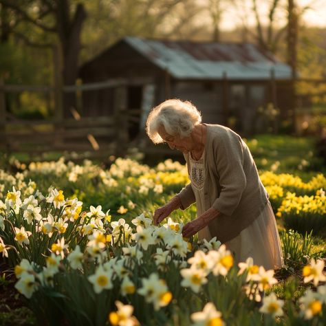 Elderly, Flowers, Serenity: An elderly woman gently touches the daffodils, surrounded by the warmth of a golden sunset. #elderly #flowers #serenity #sunset #daffodils #gardening #nature #warmth #aiart #aiphoto #stockcake https://ayr.app/l/dd1F Elderly Woman Aesthetic, Elderly Aesthetic, Convent Life, Elderly Photography, Woman Gardening, Grow Sunflowers, People Living Life, Gardening Photos, Gentle Woman