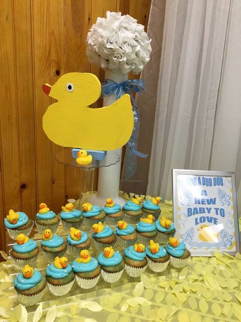 A little ducky is on the way | CatchMyParty.com Ducky Baby Shower Ideas, Rubber Ducky Baby Shower Ideas, Duck Birthday Theme, Rubber Ducky Cake, Duck Cupcakes, Rubber Ducky Birthday, Ducky Baby Showers, Duck Cake, Ducky Baby Shower