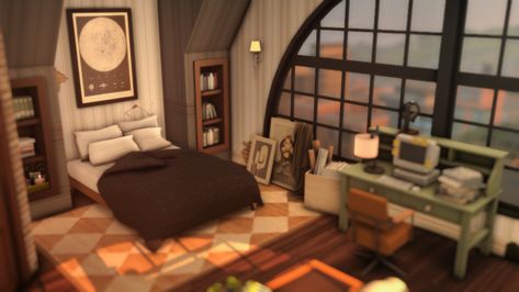 Sims 4 Writers Apartment, Sims 4 House With Attic, Sims 4 Cc Lots Apartment, Sims 4 Loft Bed, Sims 4 Loft, Cozy Attic, Decals Codes, Attic Loft, Sims Houses