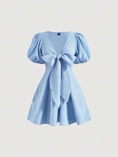 SHEIN MOD Tie Front Puff Sleeve Dress | SHEIN USA Blue Outfits Dress, Short Blue Dresses, Baby Blue Outfit, Baby Blue Dresses, Blue Dress Short, Cute Dress Outfits, Easy Trendy Outfits, Short Dresses Casual, Puffed Sleeves Dress