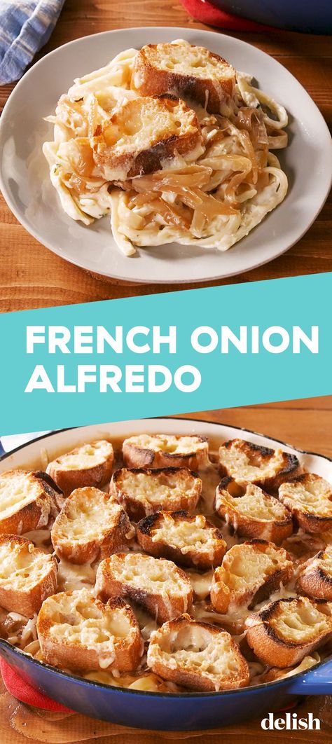 French Onion Fettuccine Alfredo Is A Dream Pasta DishDelish French Onion Pasta Bowl, Friday Dinners, Delicious Entrees, Baguette Slices, Fettuccine Alfredo Recipes, Potato Pasta, Weeknight Recipes, Fettuccine Alfredo, Perfect Pasta