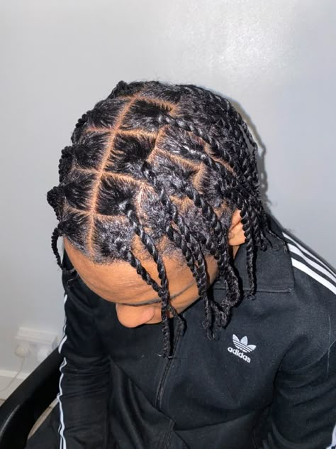 Done by ig; shiannestouch 4a Hair Men, Ponytail For Men, Men Braiding Styles, Male Twists, Dude Hairstyles, Twist Styles For Men, Mens Box Braids, Strand Twist Men, Long Hairstyle Men