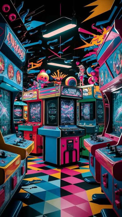 Retro Gaming Art Illustrations, 90s Arcade Aesthetic, Dreamscape Wallpaper, Arcade Wallpaper, Boxing Drawing, Neon Arcade, Surreal Elements, Arcade Aesthetic, Arcade Art