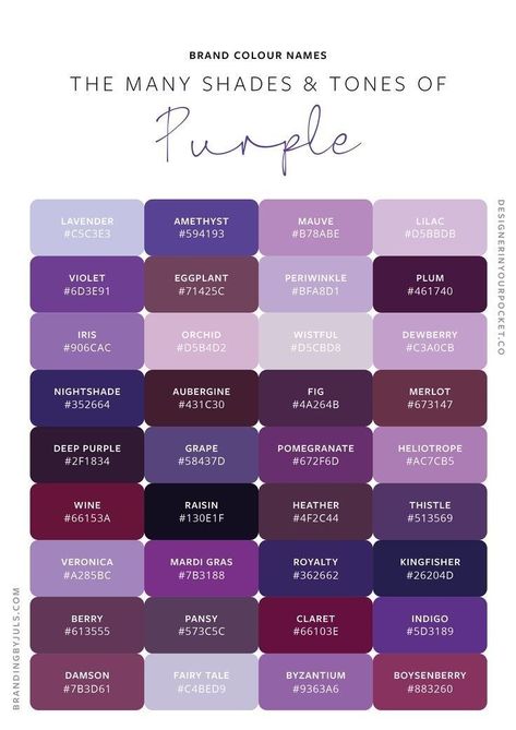 Shades Of Purple Names, Purple Color Names, Unique Color Names, Color Names Chart, Purple Colour Shades, Colour Names, Purple Names, Color Knowledge, Purple Things