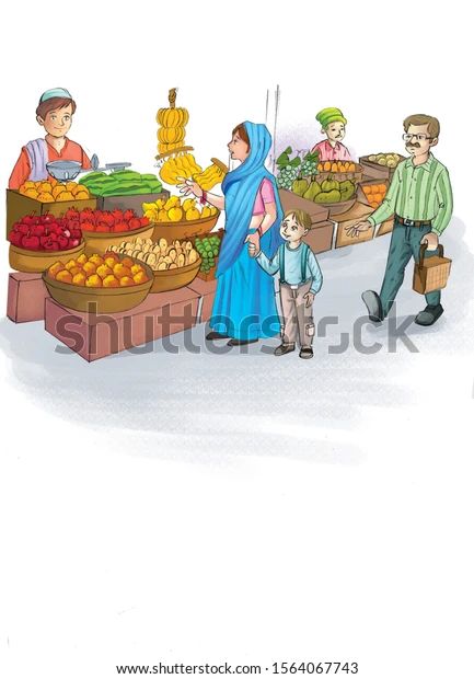 Village Market Book Illustrations Stock Illustration 1564067743 | Shutterstock Village Market Drawing, Market Scene Drawing, Village Market Scene Drawing, Market Cartoon, Market Drawing, Picture Story For Kids, Art Competition Ideas, Kids Rhymes, Village Market