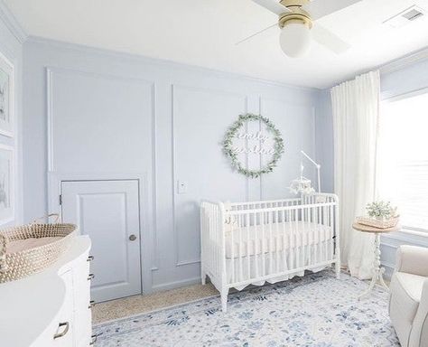 So many fun details about this room - from the "magical mini door" to the wallpapered closet, we're hanging on every detail! ✨ Swipe to see more of this room, then head to our IG Stories for a tour of the whole space, get sources, etc.  Design: @stephaniehoeyinteriors Light Blue Rugs Bedroom, Serena And Lily Nursery, Blue Nursery Girl, Blue Gray Nursery, Light Blue Nursery, Ideas For Small Homes, Gray Nursery, Baby Room Ideas, Classic Nursery