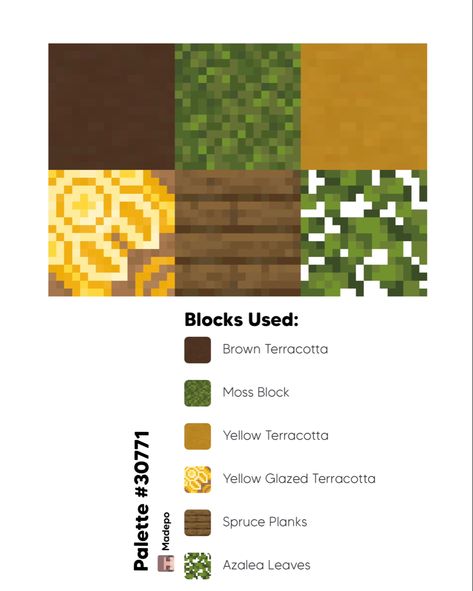 Yellow and brown cottagecore minecraft block palette including brown terracotta, moss block, yellow terracotta, yellow glazed terracotta, spruce planks, and azalea leaves! Yellow, fun, cute, bright, colorful, color palettes, blocks, mcyt, mc, aesthetic Minecraft Palettes, Minecraft Block Palette, Yellow Minecraft, Villager Trading, Block Pallets, Mc Aesthetic, Brown Cottagecore, Cottagecore Minecraft, City Ideas