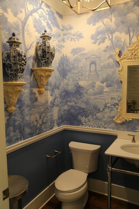 Toile Wallpaper Bathroom, Dining Room Wall Color, Wallpaper Bathroom, Toile Wallpaper, Room Wall Colors, Bathroom Paint, The Enchanted Home, Blue White Decor, Blue Toile