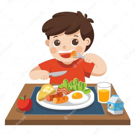 Premium Vector | A little boy happy to eat breakfast in the morning.