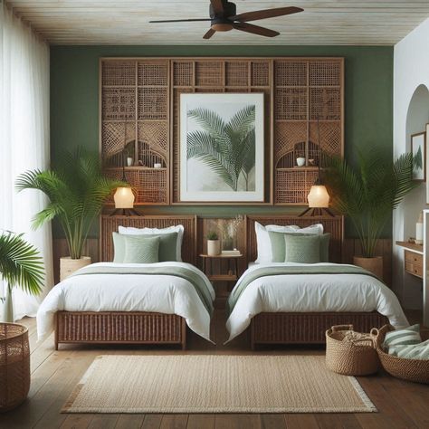 Japandi Rattan Interior, Small Tropical Bedroom, Modern Resort Interior Design, Beautiful Hotel Rooms Interiors, Boutique Hotel Bedroom Ideas, Tropical Coastal Interior, Resort Room Design, Tropical Bedroom Ideas Caribbean, Tropical Hostel