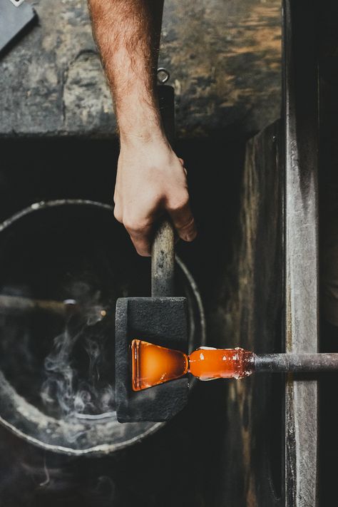 Molding  A cherry wood mold is used to shape  the base of the glass. The mold is made in-house,  as are all the factory’s tools. Glass Blowing Aesthetic, Tools Photo, Glassblowing Studio, Country Photography, Mayfly, Blown Glass Art, Glass Molds, Old Tools, Wood Tools