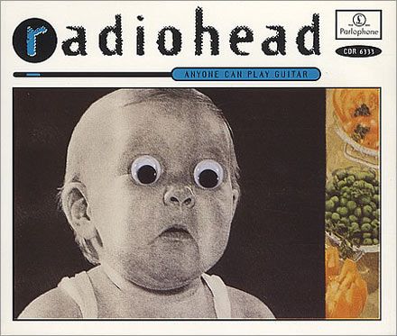 40. Radiohead: 'Anyone Can Play Guitar' (1993) -   For a band with such a serious image this wacky cover from 1993 is something of an anomaly for Radiohead. The shocked looking baby with plastic eyes was part of an ongoing theme for Oxford's finest at the time  - the album cover to 'Pablo Honey' also features a baby's head. Anyone Can Play Guitar Radiohead, Radiohead Magazine, Letters To Cleo, Punk Album Covers, Radiohead Albums, Stanley Donwood, Pablo Honey, Radio Head, The Specials