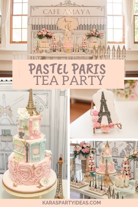 Kara's Party Ideas Pastel Paris Tea Party | Kara's Party Ideas Paris Tea Party Birthday, Paris Themed Tea Party, Paris Bday Party Ideas, Paris 1st Birthday Party, Laduree Theme Party, Paris Birthday Party Ideas Decoration, Paris Birthday Party Ideas For Kids, Springtime In Paris Theme Party, Paris First Birthday Party