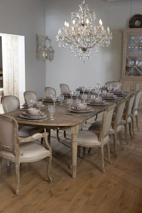 formal French inspired dining room with gorgeous limed oak chairs and chandelier Modern French Country Dining Room, French Country Dining Room Table, Dining Room Table Decor Ideas, French Country Dining Room Decor, Shabby Chic Dining Room, Country Dining Room, French Country Dining Room, Dining Room French, Styl Shabby Chic