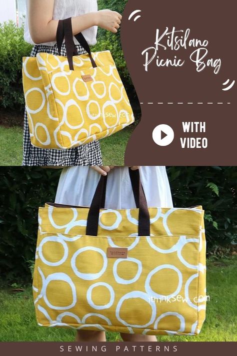 Kitsilano Picnic Bag sewing pattern (with video). This is a versatile and boxy tote bag to sew for picnicking and more! It has large and convenient pockets. It has lots of other uses, like for mothers it would make a great diaper bag sewing pattern or you could even take it to the beach as a beach bag. SewModernBags Beach Bag Patterns Free Sewing, Beach Bag Diy Pattern, Picnic Bag Pattern, How To Make A Beach Bag, Easy Beach Bags To Sew, Picnic Bag Ideas, Sewing Machine Bag Pattern Free, Picnic Bag Diy, Large Bag Sewing Pattern