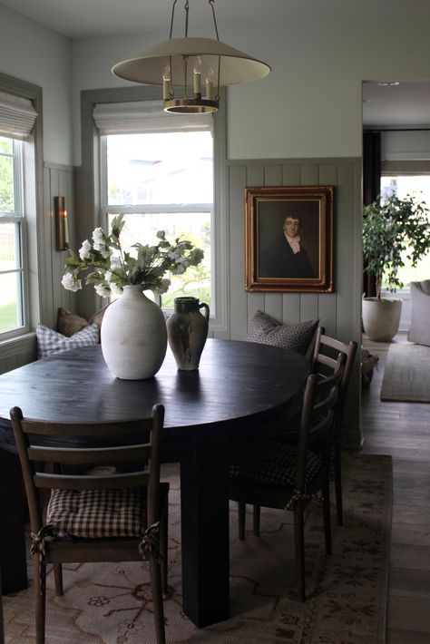 Dining Room Vertical Shiplap, Etheral Mood Sherwin, Vertical Shiplap Dining Room, Ethereal Mood Sherwin Williams, Sherwin Williams Ethereal Mood, Vertical Shiplap Kitchen, Tiny Breakfast Nook, Shiplap Dining Room, Diy Kitchen Nook