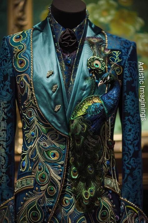 Peacock Outfit Men, Peacock Suit, Peacock Fashion, Fairy Costumes, Peacock Dress, Peacock Pattern, Fantasy Male, Fairy Costume, Coat Patterns