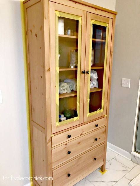 Hemnes Glass Door Cabinet Hack, Tall Cabinet Makeover, Glass Cabinet Makeover, Hemnes Glass Door Cabinet, Diy Glass Cabinet Doors, Hemnes Cabinet, Ikea Hemnes Bookcase, Paint Ikea Furniture, Ikea Hemnes Cabinet